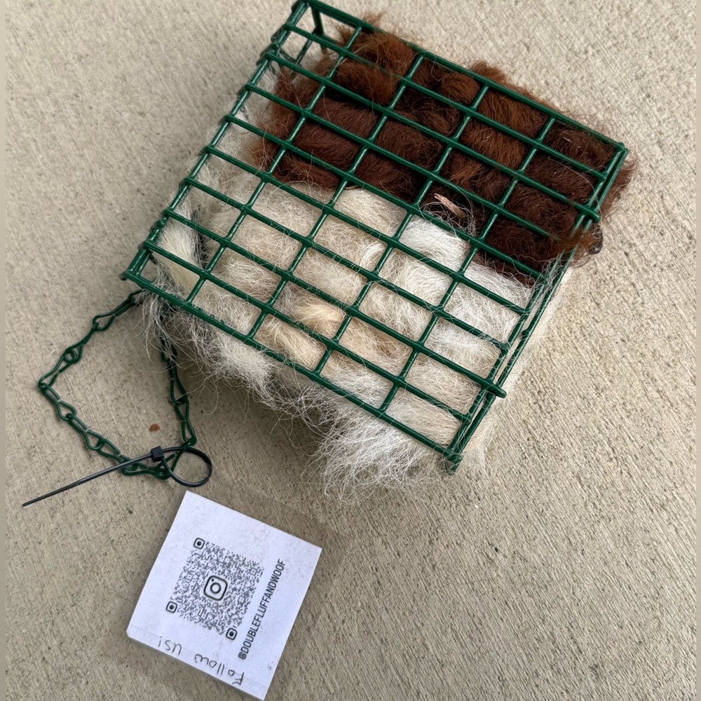 Double fluff and woof alpaca wool suet hanger with Brown and White wool